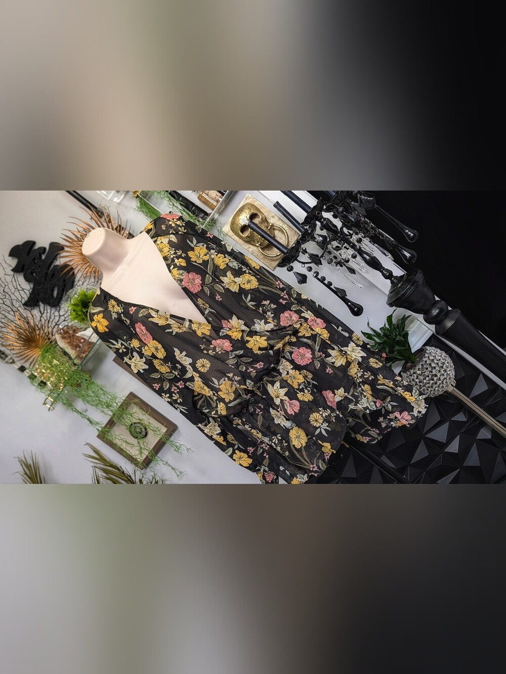 Love & Legend Floral Surplice Rouched Belted Sheer Blouse Top XL-XXL